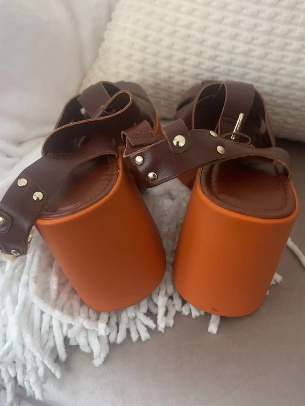 Free People Brown Leather Strappy Platform Sandals with Orange Sole